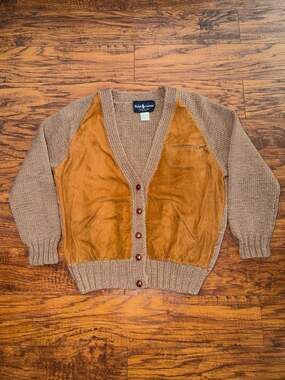 Vintage Ralph Lauren Hand Knitted in Italy Wool Suede Front Cardigan Size M